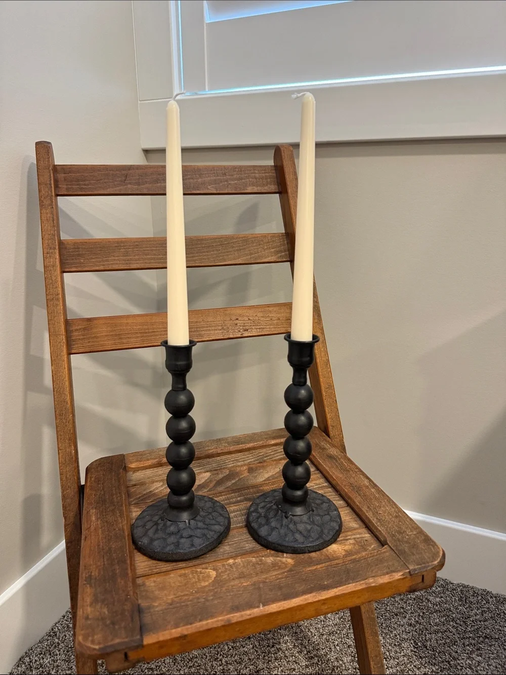 Pair Black Metal  Candlestick Holders Beaded Farmhouse Rustic Candle Holders